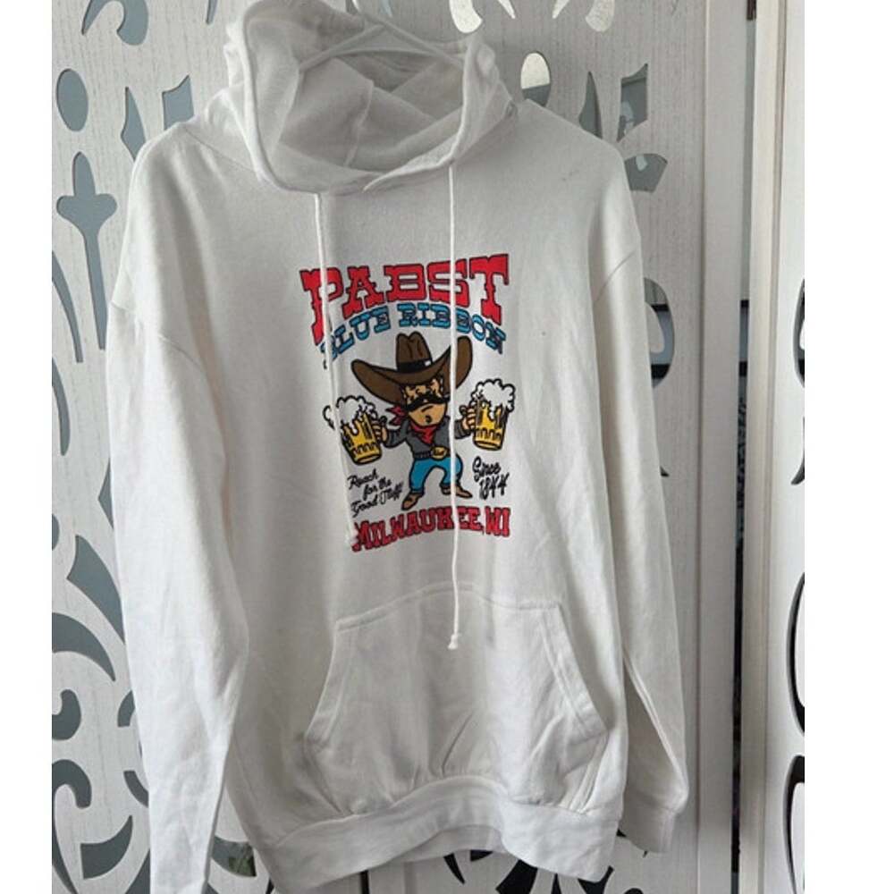 Pabst Blue Ribbon PBR Hoodie S White Cowboy Milwaukee Beer Pullover NWOT Logo